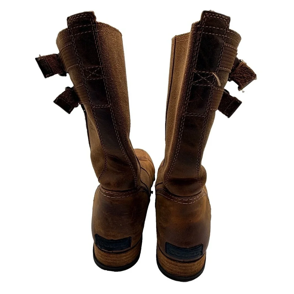 Sorel Boots Women 9.5 Brown Major Pull On Leather Snow Rustic Mid Calf Buckle